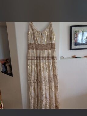 Neutral Cream Maxi Dress with Gold Foil Accents from Anthropologie